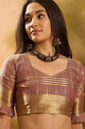 Lavender organza jacquard saree with unstitched blouse piece