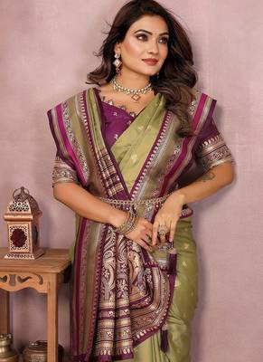 Olive Color Zari Weaving Handloom Kalamkari Silk Saree 1