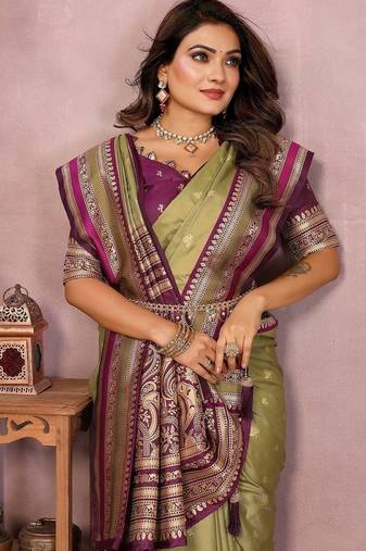 Olive Color Zari Weaving Handloom Kalamkari Silk Saree