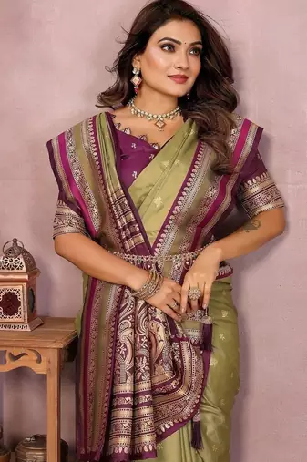 Olive Color Zari Weaving Handloom Kalamkari Silk Saree