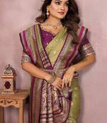 Olive Color Zari Weaving Handloom Kalamkari Silk Saree