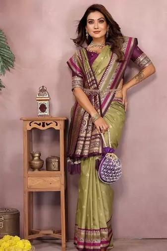 Olive Color Zari Weaving Handloom Kalamkari Silk Saree
