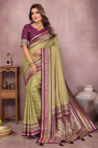 Olive Color Zari Weaving Handloom Kalamkari Silk Saree