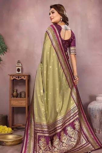 Olive Color Zari Weaving Handloom Kalamkari Silk Saree