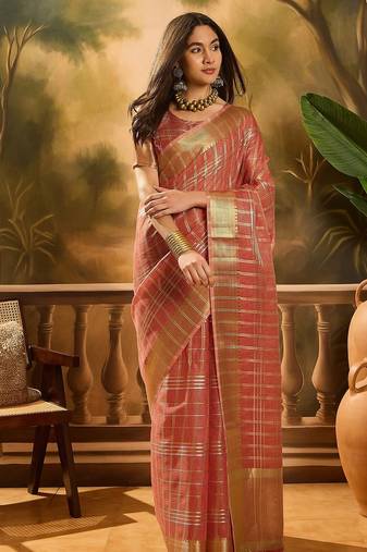 Red organza jacquard saree with unstitched blouse piece