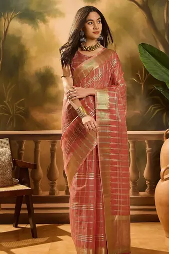 Red organza jacquard saree with unstitched blouse piece