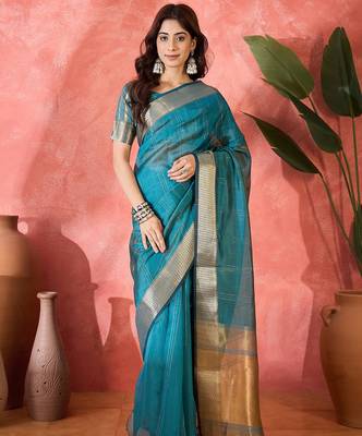 Blue organza jacquard saree with unstitched blouse piece 1
