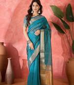 Blue organza jacquard saree with unstitched blouse piece