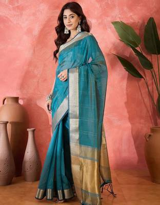 Blue organza jacquard saree with unstitched blouse piece 2