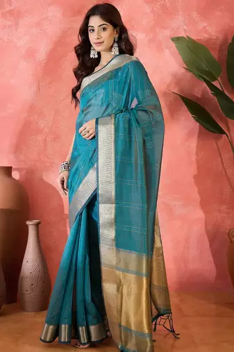 Blue organza jacquard saree with unstitched blouse piece