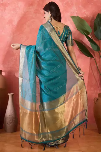 Blue organza jacquard saree with unstitched blouse piece