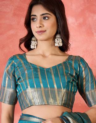 Blue organza jacquard saree with unstitched blouse piece 4