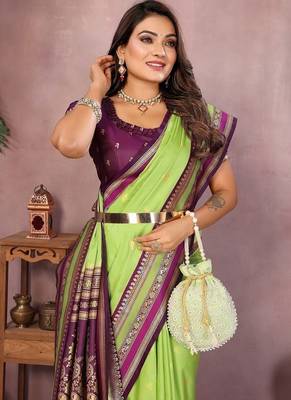 Parrot Green Color Zari Weaving Handloom Kalamkari Silk Saree 1