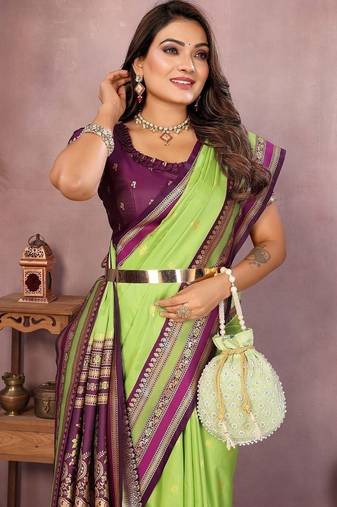Parrot Green Color Zari Weaving Handloom Kalamkari Silk Saree