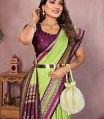 Parrot Green Color Zari Weaving Handloom Kalamkari Silk Saree