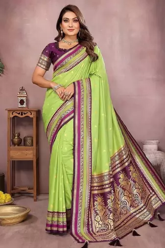 Parrot Green Color Zari Weaving Handloom Kalamkari Silk Saree
