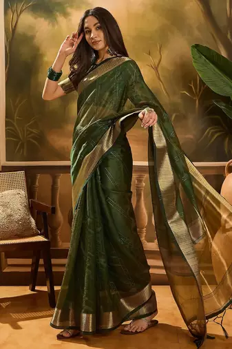 Dark green organza jacquard saree with unstitched blouse piece