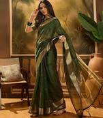Dark green organza jacquard saree with unstitched blouse piece
