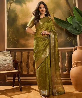 Green organza jacquard saree with unstitched blouse piece 1