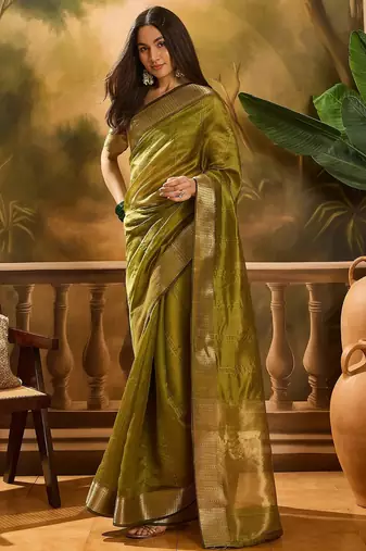 Green organza jacquard saree with unstitched blouse piece