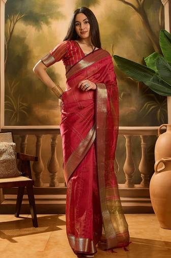 Maroon organza jacquard saree with unstitched blouse piece