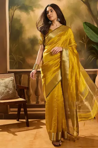 Mustard organza jacquard saree with unstitched blouse piece