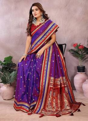 Purple Color Zari Weaving Handloom Kalamkari Silk Saree 2