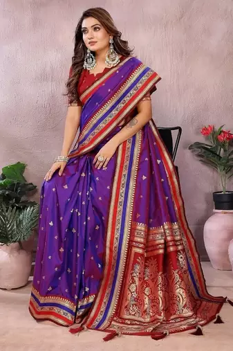 Purple Color Zari Weaving Handloom Kalamkari Silk Saree