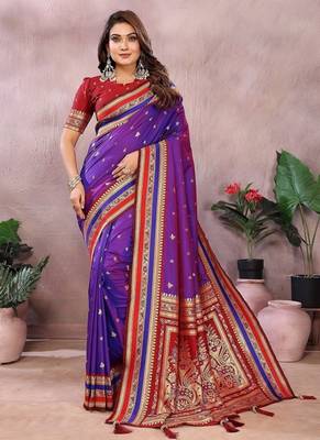 Purple Color Zari Weaving Handloom Kalamkari Silk Saree 3
