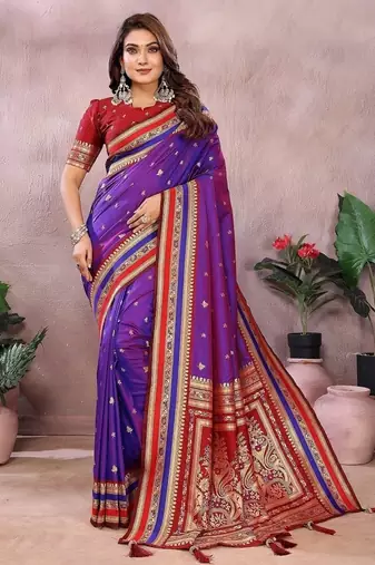 Purple Color Zari Weaving Handloom Kalamkari Silk Saree