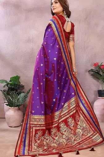 Purple Color Zari Weaving Handloom Kalamkari Silk Saree