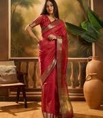 Pink organza jacquard saree with unstitched blouse piece
