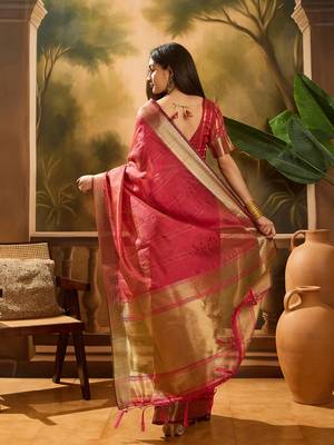 Pink organza jacquard saree with unstitched blouse piece 3