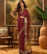 Wine organza jacquard saree with unstitched blouse piece