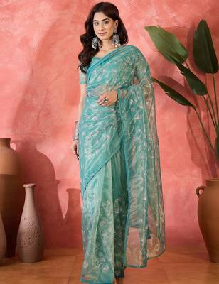 Blue net sequins work saree with unstitched blouse piece 1
