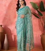 Blue net sequins work saree with unstitched blouse piece