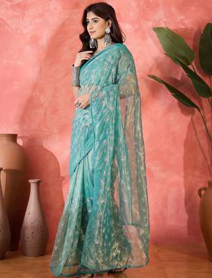 Blue net sequins work saree with unstitched blouse piece 2