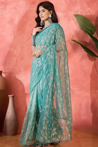 Blue net sequins work saree with unstitched blouse piece