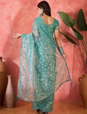 Blue net sequins work saree with unstitched blouse piece 3
