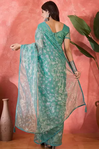 Blue net sequins work saree with unstitched blouse piece