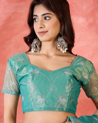 Blue net sequins work saree with unstitched blouse piece 4