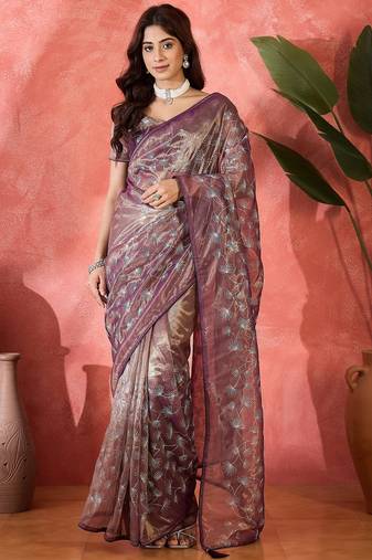 Purple net sequins work saree with unstitched blouse piece