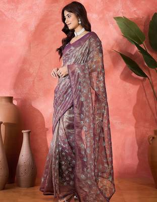 Purple net sequins work saree with unstitched blouse piece 2