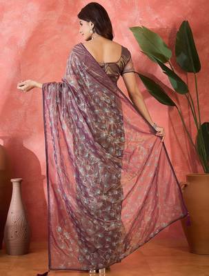 Purple net sequins work saree with unstitched blouse piece 3