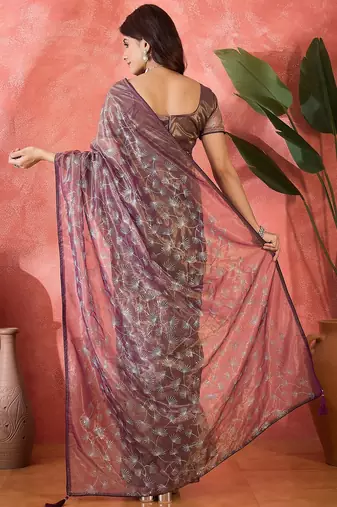 Purple net sequins work saree with unstitched blouse piece