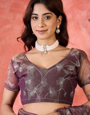 Purple net sequins work saree with unstitched blouse piece 4