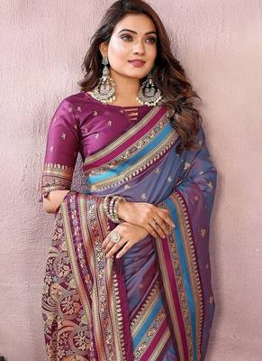 Slate Grey Color Zari Weaving Handloom Kalamkari Silk Saree 2