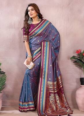 Slate Grey Color Zari Weaving Handloom Kalamkari Silk Saree 1