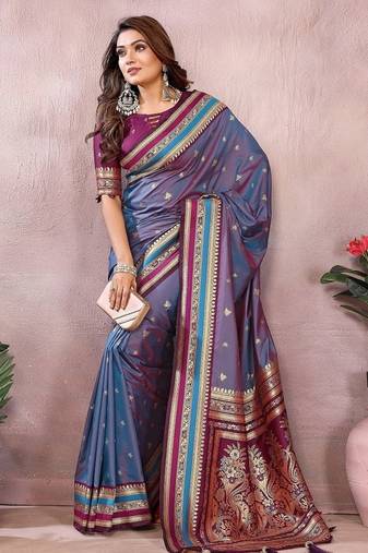 Slate Grey Color Zari Weaving Handloom Kalamkari Silk Saree