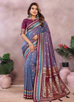 Slate Grey Color Zari Weaving Handloom Kalamkari Silk Saree 3